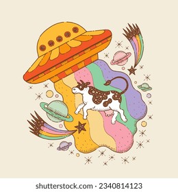 Cow abduction by UFO, alien spaceship. Retro groovy poster with psychedelic art of space ship, animal, rainbow, planets and stars, vector hand drawn illustration. Humor sketch UFO abdiction sticker