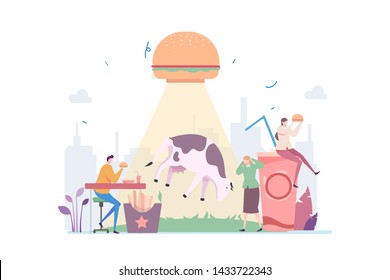 Cow Abduction for Fastfood Vector Illustration Concept Showing a cow has been kidnapped by a burger shape alien, Suitable for landing page, ui, web, App intro card, editorial, flyer, and banner.