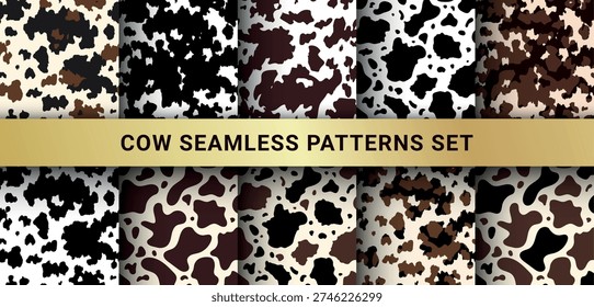 Cow abstract seamless pattern set. Vector animal skin print, cute black, brown, white dalmatian spots background. Natural stylized spotted textures for textile, fabric, dairy farm decor, wrapping.