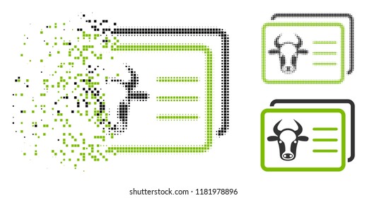 Cow account cards icon in fragmented, pixelated halftone and whole versions. Points are grouped into vector disappearing cow account cards pictogram.