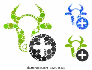 Cow add mosaic of small circles in variable sizes and color tones, based on cow add icon. Vector small circles are organized into blue illustration. Dotted cow add icon in usual and blue versions.