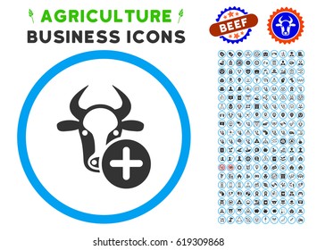 Cow Add rounded icon with agriculture commercial pictogram kit. Vector illustration style is a flat iconic symbol inside a circle, blue and gray colors. Designed for web and software interfaces.