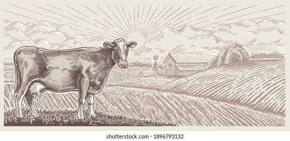 Cow, against the background of a rural landscape with a farm, illustration in a graphic style.