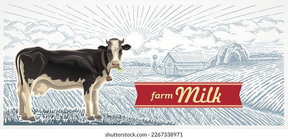 Cow, against the background of a rural landscape with a farm, illustration in a graphic style, with a reference of design packaging.