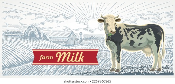 Cow, against the background of a rural landscape with a farm, illustration in a graphic style, with a reference of design packaging.