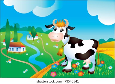 Cow against a rural landscape