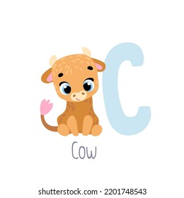 Cow. Animal ABC. Alphabet. Cute vector alphabet with little animal. Print for kids room decoration, fabric, paper, card, t shirt, poster, textile.