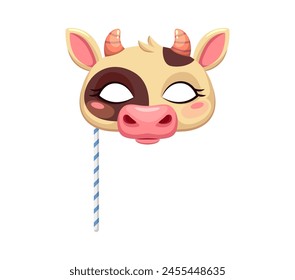 Cow animal carnival party mask. Festival or birthday costume. Decorative playful face of farm calf with ears, nose, horns and eye holes. Isolated vector kine head on stick for festive celebrations