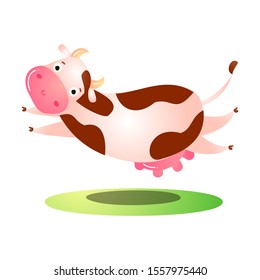 Cow Animal Running And Jumping Over Grass Vector Illustration