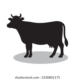 Cow animal silhouette flat black. Cow silhouette isolated on white background. Cow vector illustration,  Farm animals concept, rural farming.