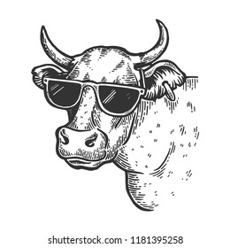 Cow animal in sunglasses engraving vector illustration. Scratch board style imitation. Black and white hand drawn image.