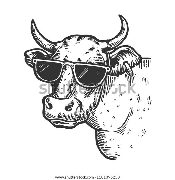サングラスをかけた牛の動物の彫刻ベクターイラスト スクラッチボードのスタイルの模倣 白黒の手描きの画像 のベクター画像素材 ロイヤリティフリー 1181395258
