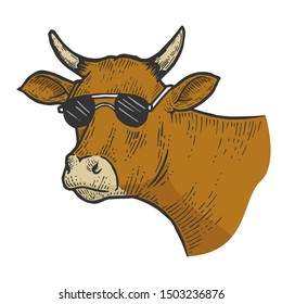 Cow animal in sunglasses line art sketch engraving vector illustration. Tee shirt apparel print design. Scratch board style imitation. Black and white hand drawn image.