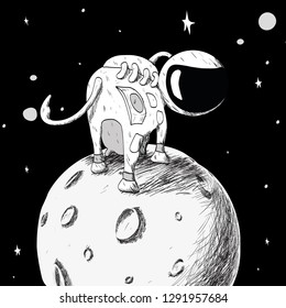 The cow astronaut is backwards. On an asteroid against a starry sky.