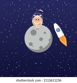 Cow Astronaut On The Moon. Cow In Space With A Flying Bottle Of Milk. Vector Illustration, Eps 10.