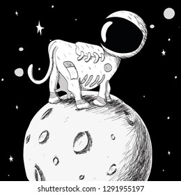 The cow astronaut is standing. On the background of the moon and the starry sky