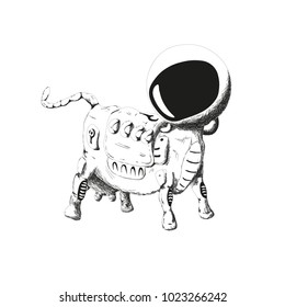A cow astronaut is standing in a spacesuit. Without background. Isolated. Vector drawing.