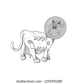 The cow astronaut is standing. In a transparent helmet. Without background
