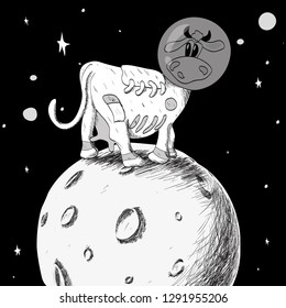 The cow astronaut is standing. In a transparent helmet. On the background of the moon and the starry sky