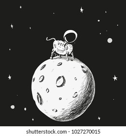The cow astronaut stands the moon against the starry sky. Vector drawing.
