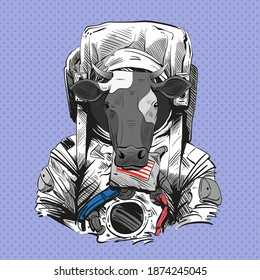 Cow in astronaut suit. 2021 year. Hand drawn vector illustration. 