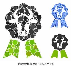 Cow award seal composition of small circles in various sizes and color hues, based on cow award seal icon. Vector dots are combined into blue composition.