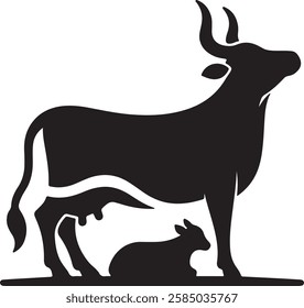 Cow and cow baby silhouette illustration isolated on white background, cow animal with baby cow silhouette vector image