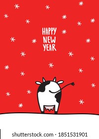 Vaca de vuelta con la huella vectorial de nieve para el año nuevo