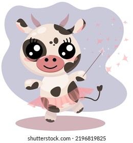 Cow in ballet dance with magic wand on stage like fairy cartoon illustration