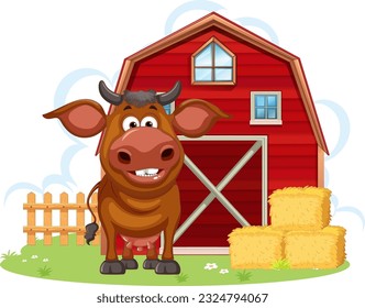 Cow with barn in cartoon style illustration