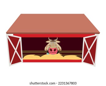 Granero de vacas con puertas abiertas. Gráficos vectoriales. La vaca come heno.
