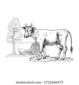 Vaca em um fundo de jardim. Gráfico em preto e branco, ilustração vetorial. Vaca, feno, árvore. Conceito de setor agrícola. Elemento de design para banners, etiquetas, cartões postais e muito mais.