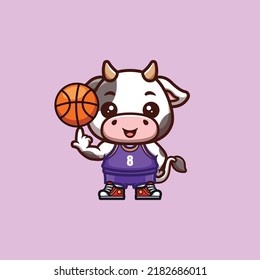 Cow Basketball Cute Creative Kawaii Cartoon Mascot Logo