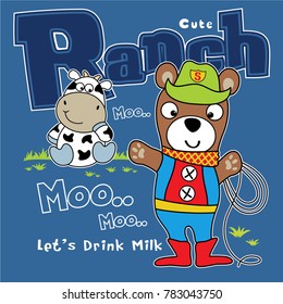 cow and bear funny cartoon,vector illustration