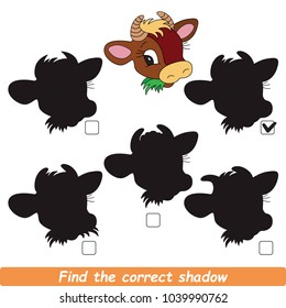 Cow Beautiful Shadow Set to Find the Correct Shadow, the Matching Educational Kid Game to Compare and Connect Objects and Their True Shadows, Simple Gaming Level for Preschool Kids.