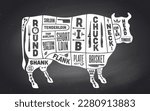 Cow, beef. Scheme, diagram, chart beef, butcher guide. Vintage retro print, art typography. Black-white chalk graphic design on chalkboard. Poster cow for Butchery meat shop. Vector Illustration