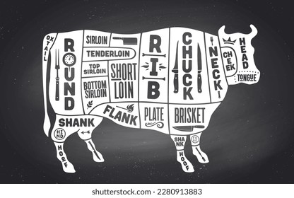 Cow, beef. Scheme, diagram, chart beef, butcher guide. Vintage retro print, art typography. Black-white chalk graphic design on chalkboard. Poster cow for Butchery meat shop. Vector Illustration