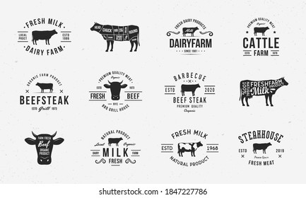 Cow, Beef vintage logo set. 12 Butchery labels, emblems with cow silhouettes. Logo, poster for dairy products, barbecue, steak house, restaurant, meat shop. Beef cuts diagram. Vector emblems.