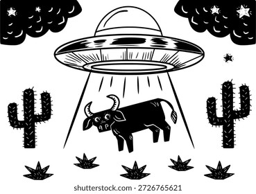 Cow being abducted by an alien spaceship. Vector image in woodcut style.