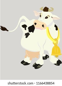 cow with bell collar on the neck with gray background