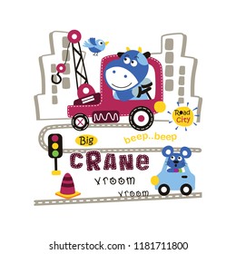 cow and big crane funny animal cartoon,vector illustration