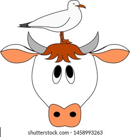 Cow and bird, illustration, vector on white background.