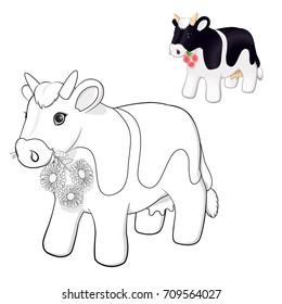 A cow, a black, cute, plush toy with flowers. Coloring. Black and white drawing. Vector illustration.   Black white picture for coloring, color pencils. Children's creativity. On a white background
