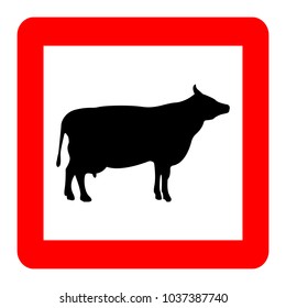 Cow black on white background, red square sign, vector