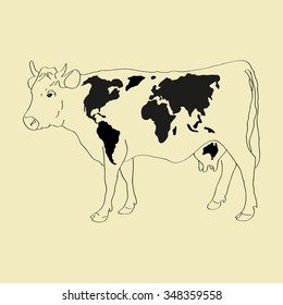 Cow with black patters as a world map