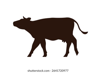 Cow, black silhouette in profile. Milk dairy farm animal walking, mooing, side view. Cattle going, figure, shape. Livestock in movement, shade. Flat vector illustration isolated on white background