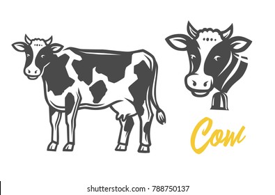 Cow. Black and white vector object.
