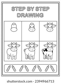 Cow. Book page, drawing step by step. Black and white vector coloring page.