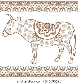 Cow with border elements in ethnic mehndi style. Vector black and white illustration isolated on white background
