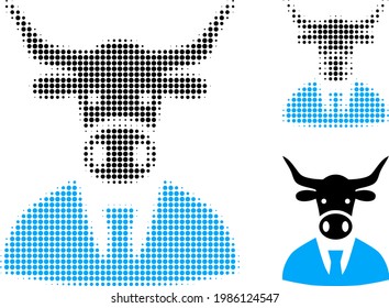 Cow boss halftone dotted icon. Halftone pattern contains circle points. Vector illustration of cow boss icon on a white background.